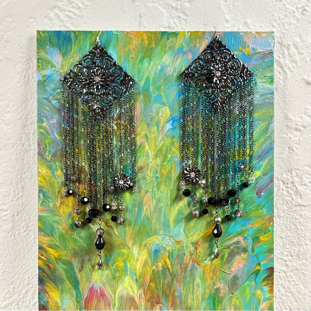 Bohemian Smokey Black Chandelier Earrings Floral Design